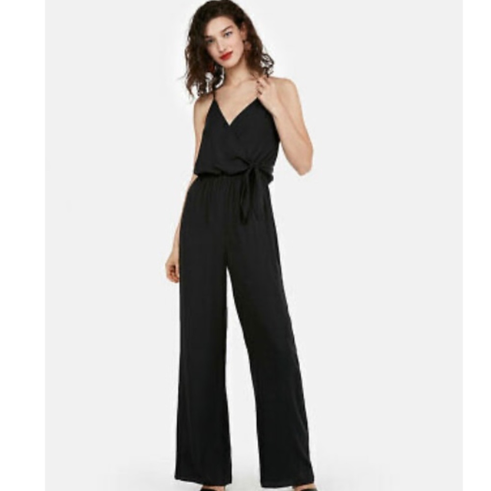 EXPRESS BLACK SURPLICE TIE FRONT WIDE LEG JUMPSUIT